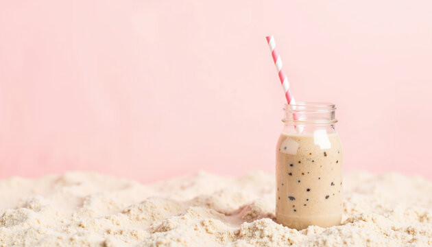 Playful bottle with straw mockup on pastel sand background  