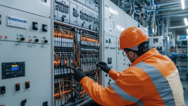 Electrician Inspecting Control Panel: An electrician in a hardhat meticulously examines a complex electrical control panel, showcasing expertise and precision in an industrial setting.