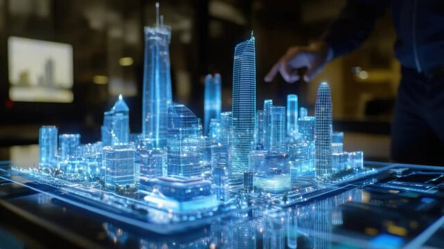 Futuristic Metropolis: A visionary urban landscape, an intricate holographic display that merges technology and architecture. The illuminated model showcases a modern cityscape.