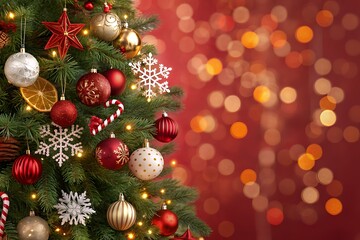 Vibrant Festive Christmas Tree Background Red and Gold Ornaments, Sparkling Lights