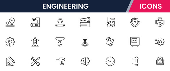 Vector illustration web line icon collection for engineering tools, blueprints, gears, and technical symbols in a precise, modern, and innovative design style.