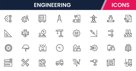 Vector illustration web line icon collection for engineering tools, blueprints, gears, and technical symbols in a precise, modern, and innovative design style.
