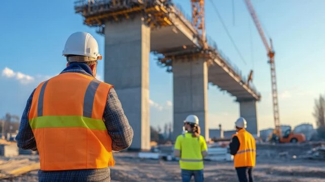 Construction Site Supervision: A group of construction workers and supervisors, observing the bridge under construction, showcases teamwork, expertise, and progress.