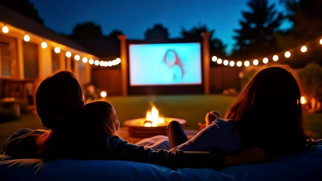 Family enjoying an outdoor movie night in a backyard with a fire pit and string lights