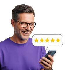 Man looking at five star rating on phone isolated on transparent background