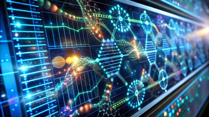 Obraz premium Futuristic Bioinformatics Dashboard with 3D DNA Interface in Virtual Lab, futuristic lab, bioinformatics, Bioengineering Control Panel, biotech, Ultra-HD bioinformatics control system