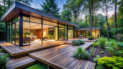Fototapeta premium Modern Architectural Design Featuring Expansive Wooden Deck and Glass Walls Surrounded by Lush Greenery at Dusk
