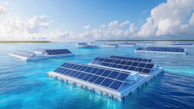 Solar Power on Water: A futuristic vision of a sustainable future with photovoltaic panels floating gracefully on a serene, endless ocean, harnessing the sun's radiant energy.