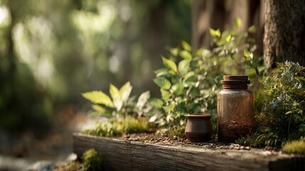 A rustic wooden bench with two antique jars, one large and the other small, resting on it in an enchanted forest setting. 