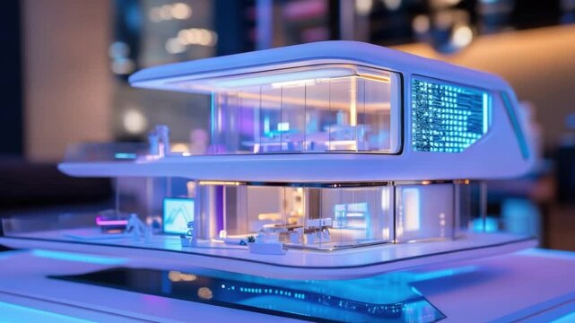 Future Home: A futuristic architectural concept for a modern home, bathed in cool, vibrant light, embodying innovation and sleek design, a testament to advanced living.