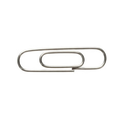 Silver metal paperclip, perfectly formed from bent wire, pristine metallic sheen, reflective, resting horizontally on a transparent, seamless studio background, minimalist ultra realistic macro