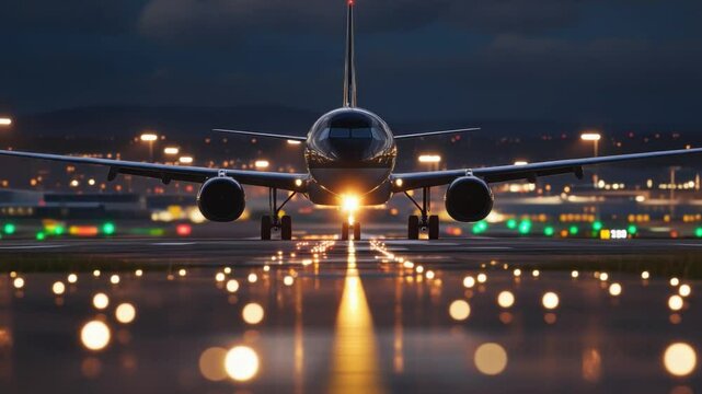 Airplane Taxiing at Night: A majestic airplane taxiing on a runway at night, illuminated by runway lights, ready for takeoff.