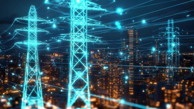 Electric Grid Symphony: High-voltage transmission towers stand tall against a night sky dotted with digital connections, symbolizing the power and connectivity of the modern world.