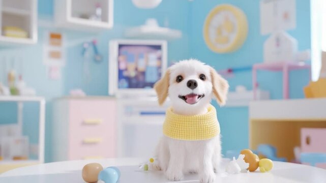 Playful Pup in Delightful Setting: A charming, small dog with a bright smile sits amidst a soft, pastel-toned room, toys scattered around. A cheerful portrait captures a playful, happy moment.