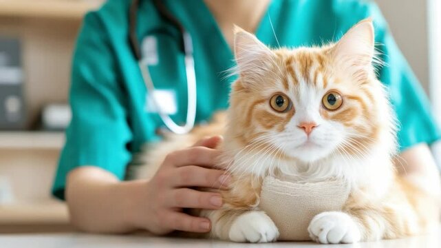Cat's Visit: A veterinarian tends to a fluffy ginger cat, examining it in a comforting and professional atmosphere, illustrating the essence of animal healthcare.