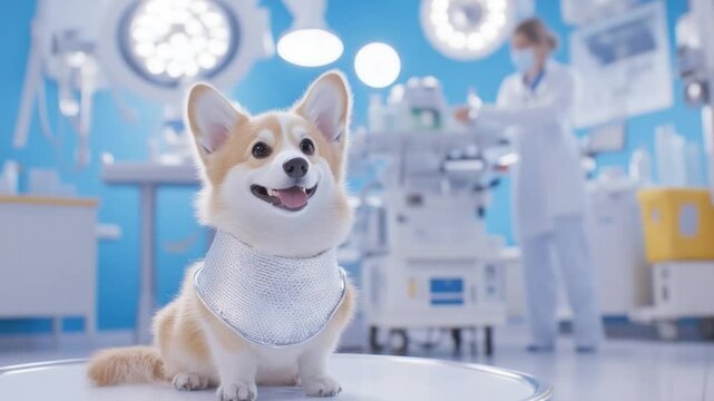 Hopeful Canine: A charming corgi, donning a medical vest, gazes out with optimistic eyes in a clinical environment. The surrounding operating room reflects a sense of care and well-being. 