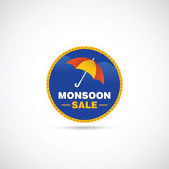 Monsoon Sale Sticker with Colorful Umbrella on Blue Circular Background