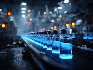 Vials on a conveyor belt in a dark factory.