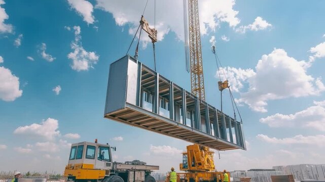 Construction Assembly Under a Blue Sky: A towering crane meticulously lifts a modular structure, revealing the dynamic progress of a construction site.