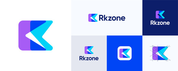 Creative letter R or K overlapping color concept, logo icon design vector illustration, Modern symbol geometric shapes colorful with initial alphabet for technology, brand identity premium templates