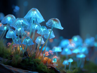 Illuminated mushrooms glow in a dark forest.