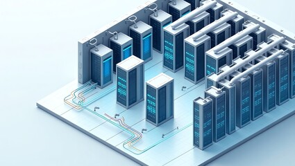 Data center with server racks and connected cables