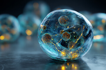 Close-up of a cell with glowing elements.