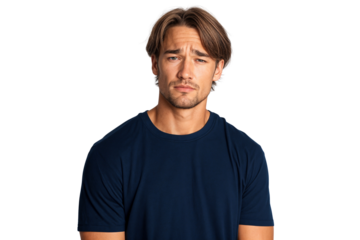 Unemployed young man feeling stressed and hopeless after losing his job, isolated on transparent background