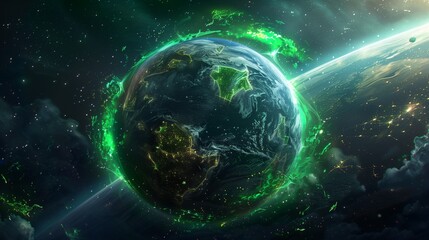Obraz premium 緑の光に包まれた未来の地球