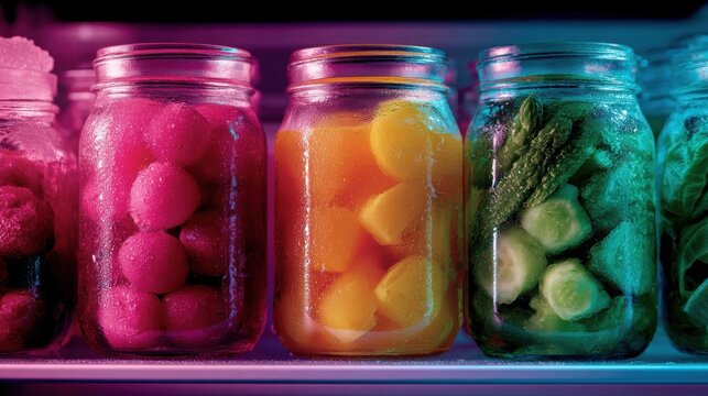 Glass containers aligned in fridge for weekly meal planning
