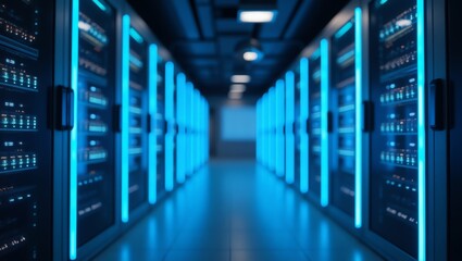 Data Center with Server Racks and Blue LED Lighting