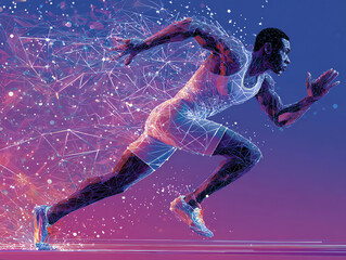 Dynamic runner in vibrant abstract setting.