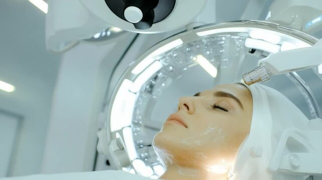 Skincare Treatment: Capturing a serene moment as a woman undergoes a sophisticated skincare treatment in a modern clinic, bathed in focused light. The image is a testament to beauty, well-being.