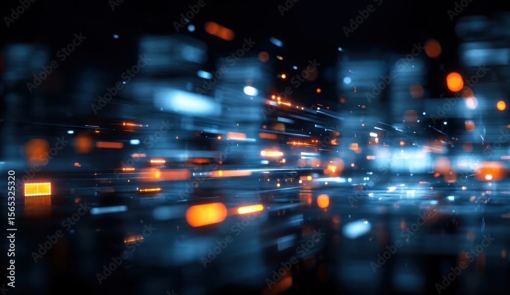 Poster Futuristic abstract digital data stream with glowing glowing neon lights and dynamic motion effect representing technology and networking