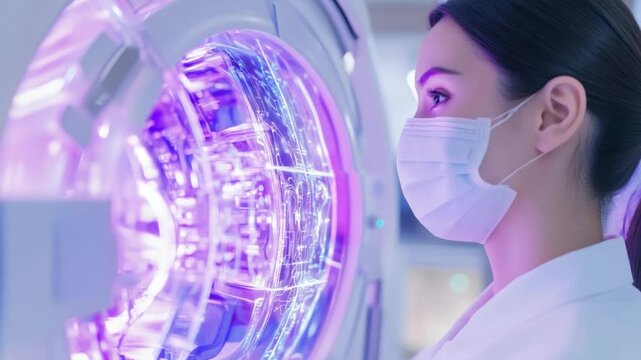 Medical Specialist at Work: A focused medical specialist wearing a protective mask and lab coat, intently observes advanced medical equipment in a high-tech laboratory setting.