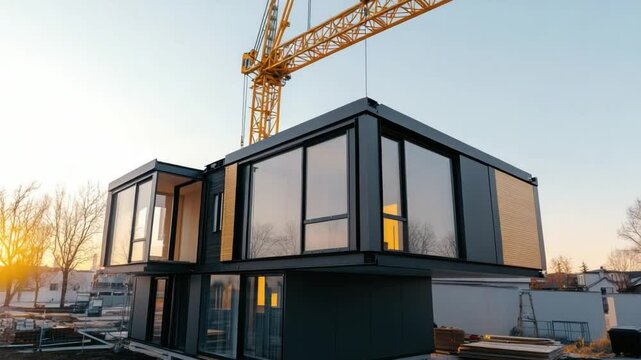 Modern Container Home Construction: A sleek, modern home constructed from shipping containers is seen under construction, with a crane lifting a section into place.