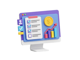 3D Checklist and Analytics Report on Monitor with Dollar Sign – Isolated on Transparent Background