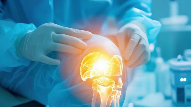 Knee Replacement Surgery: A surgeon's hands carefully position a prosthetic knee joint, overlaid with a vibrant X-ray highlighting the intricate bone structure and successful implant.