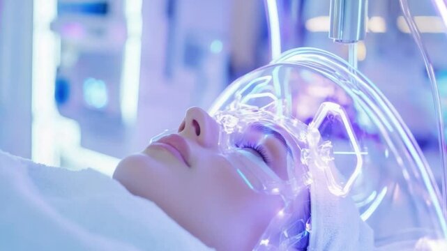 Mindful Serenity: A person submerged in a futuristic medical examination with glowing technology surrounding her face, symbolizing innovation and advanced healthcare.
