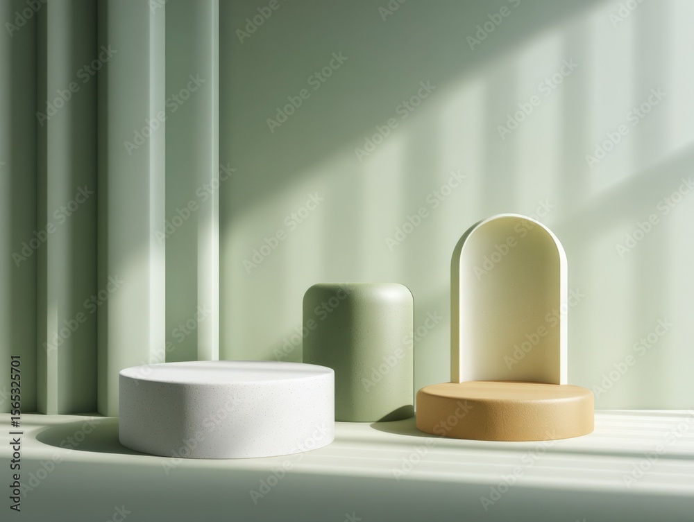 Poster Elegant minimalistic display podiums with soft pastel colors and modern geometric shapes in a sleek studio setting with natural light