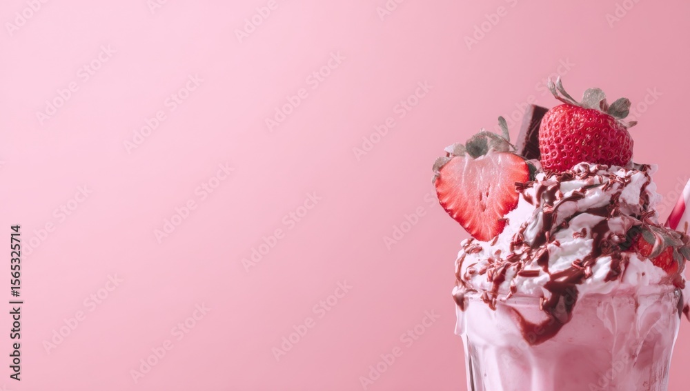 Aufkleber Delicious and Refreshing Strawberry Milkshake in a Glass with Fresh Fruit Toppings and Chocolate Syrup on Soft Pink Background