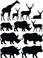 Fototapeta premium Silhouette Illustration of Giraffe, Deers, Rhinos, and Buffalos Animal Graphics