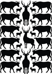 Silhouette Pattern of Deer, Goat, and Calf Animals in a White Background Design