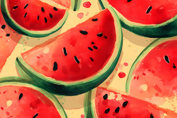 Watermelon Summer Vacation Watercolor Seamless Pattern Background
