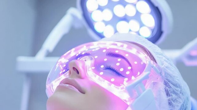 Revolutionary Skincare: A close-up shot showcases a woman undergoing a cutting-edge skincare procedure, bathed in the mesmerizing glow of blue light therapy.