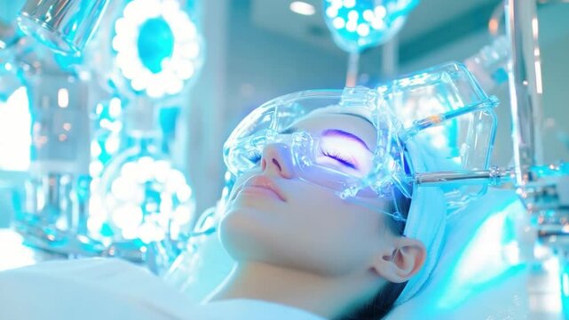 Brain-Computer Interface: A person undergoing a futuristic brain-computer interface procedure, illuminated by radiant blue light.
