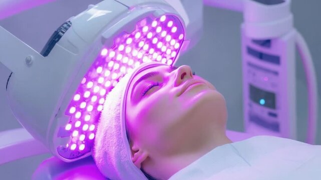 Illuminated Renewal: A woman undergoes a photodynamic therapy treatment, the soft purple light promising skin revitalization and rejuvenation. The scene embodies beauty, wellness.