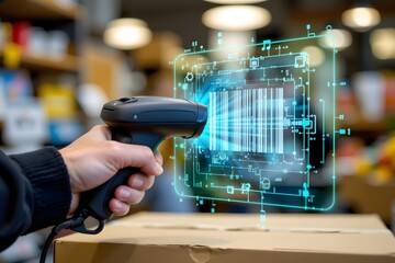 Barcode Scanner in Action: A close-up shot focuses on a person's hand wielding a barcode scanner to read the product identification code on a cardboard box.