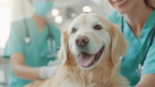Gentle Care at the Clinic: A golden retriever, exuding calmness, receives attentive care from dedicated professionals in a bright veterinary setting. The scene embodies trust and wellbeing.