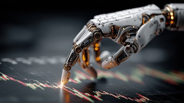 Advanced Robotic Arm Interacting with Financial Graphs: A Visual Representation of Technology and Data Analysis